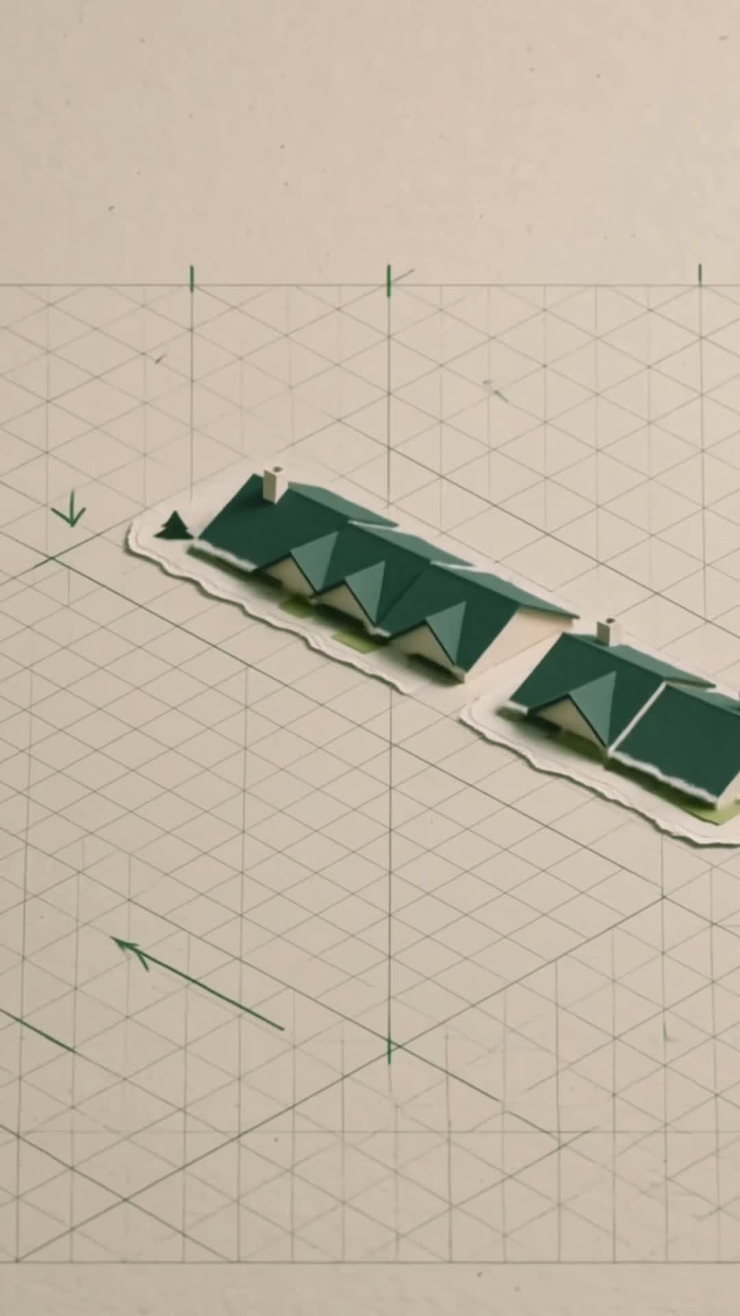 Paper-craft model of townhouses with dark green roofs on drafting paper